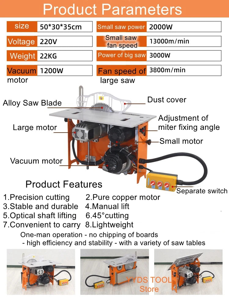 J15 Dust-Free Push Table Saw – Optical Shaft Lift Woodworking No-Chip
