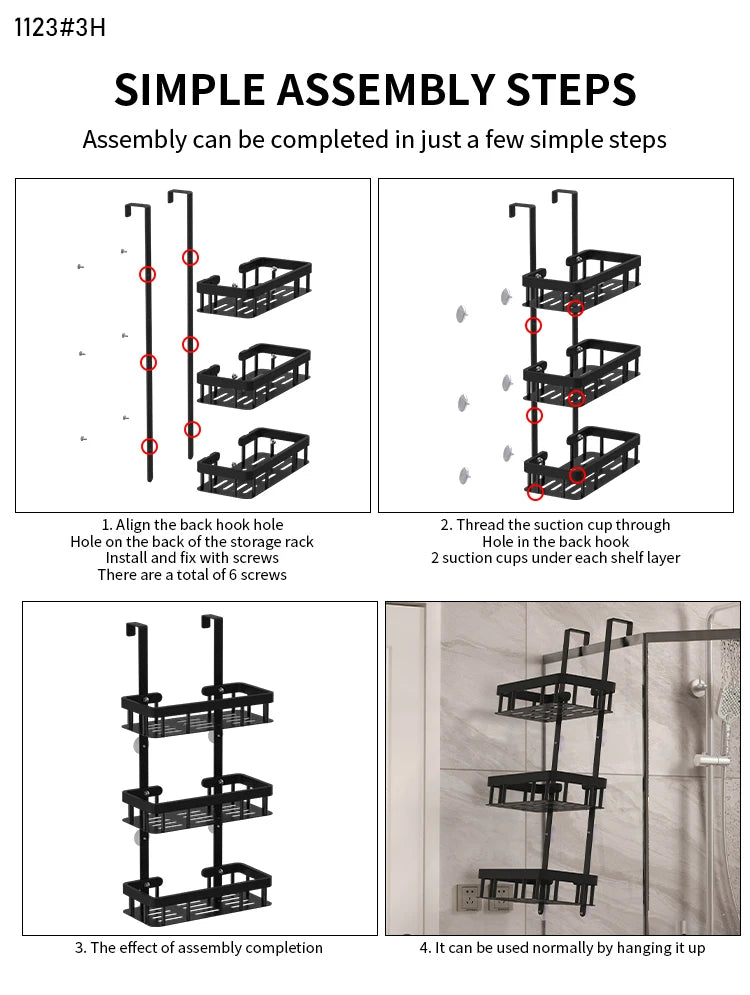 Bathroom wall mounted three-layer storage rack, door mounted rack
