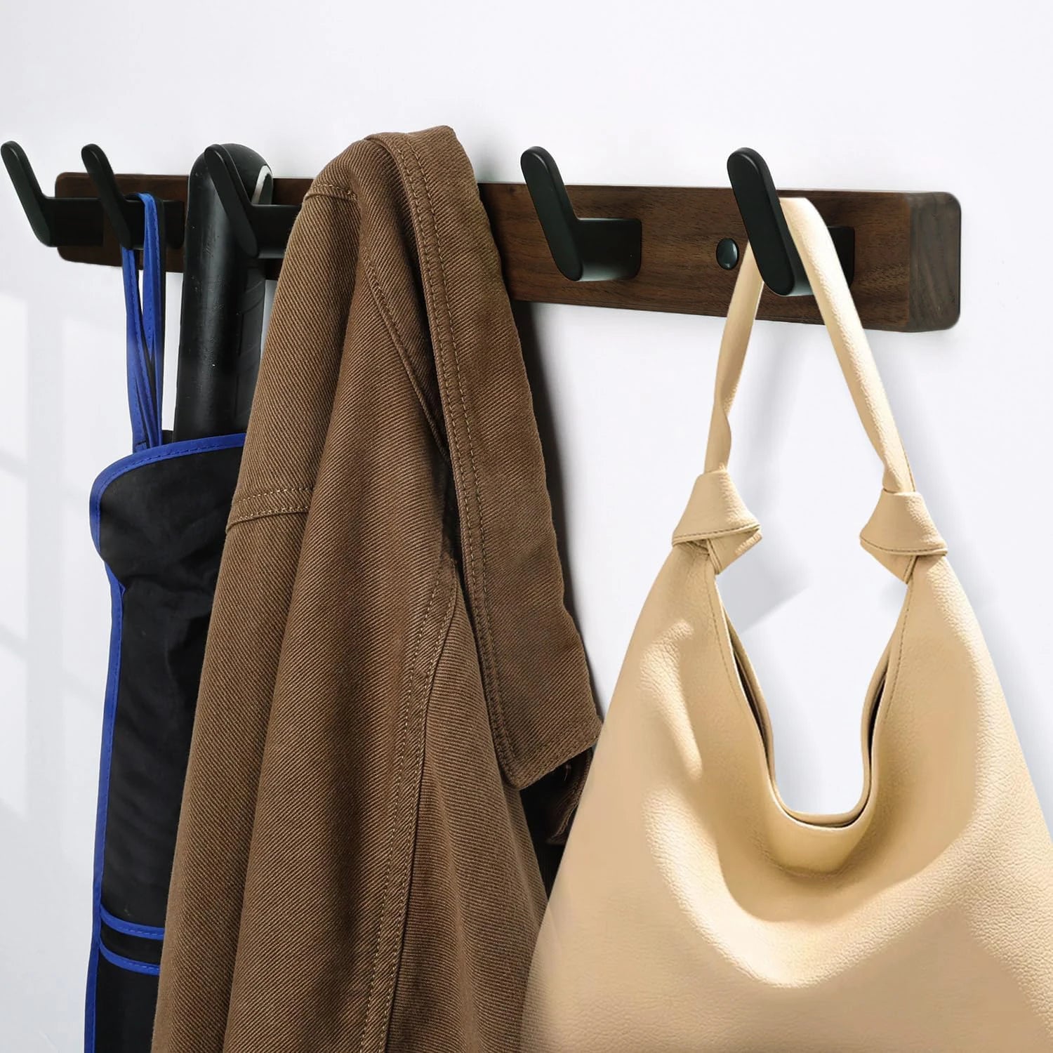 Wood Wall Mounted Coat Rack With 4/5/6 Hooks Drilling Rail Hooks