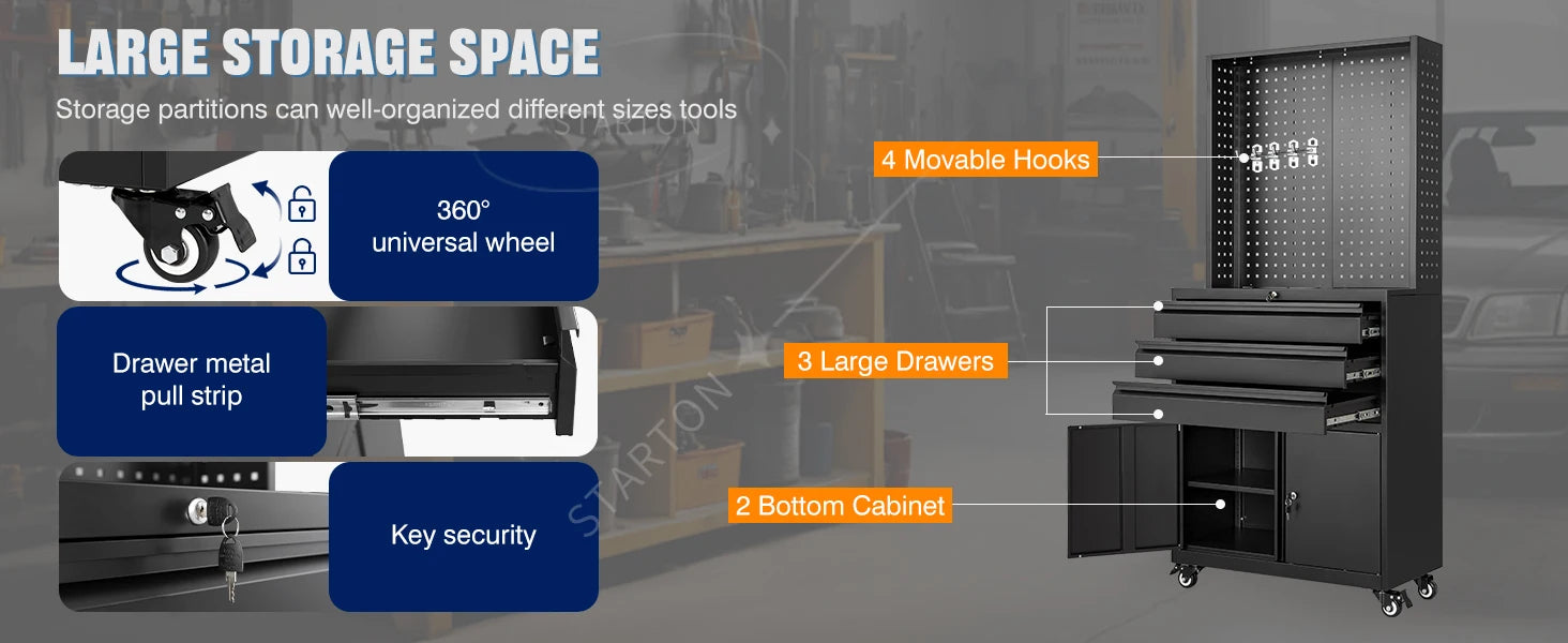 71" Rolling Steel Garage Cabinet – 3 Drawers, 2 Doors & Adjustable