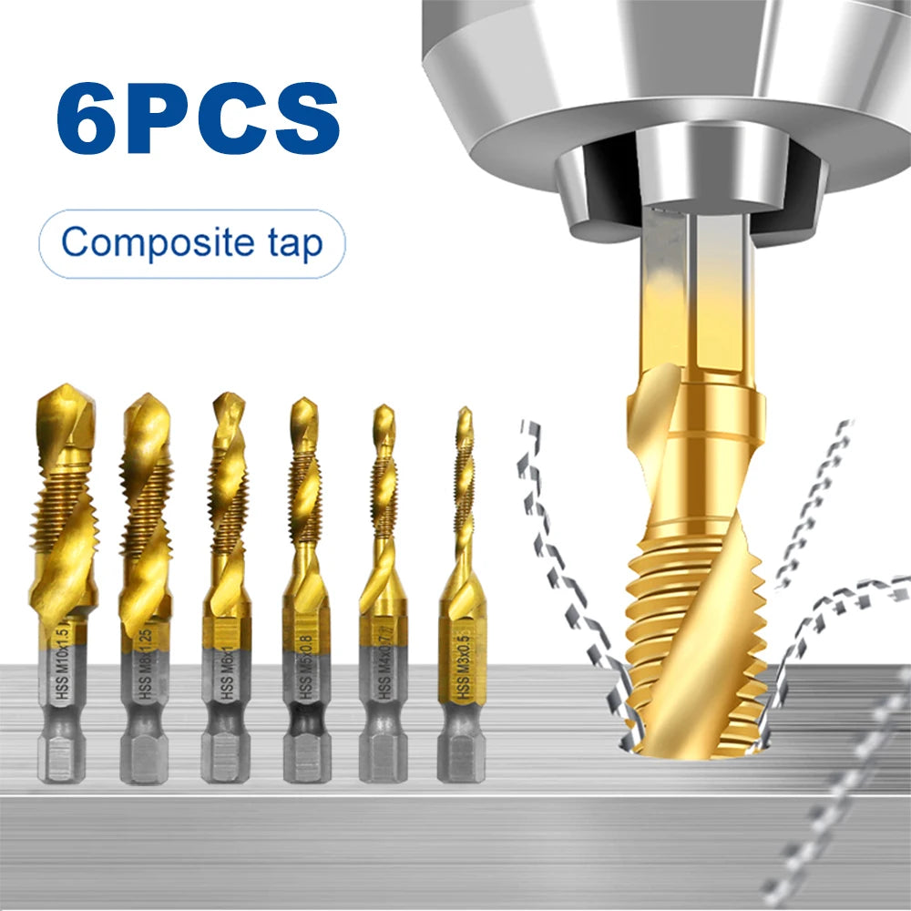 6pc high speed steel M3-M10 titanium plated composite tap hexagonal