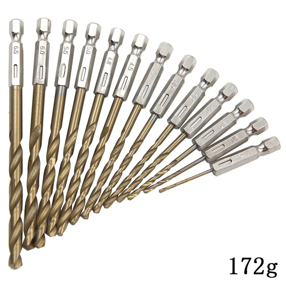 13-Piece Titanium Coated Hex Shank Twist Drill Bit Set — 1.5mm to 6