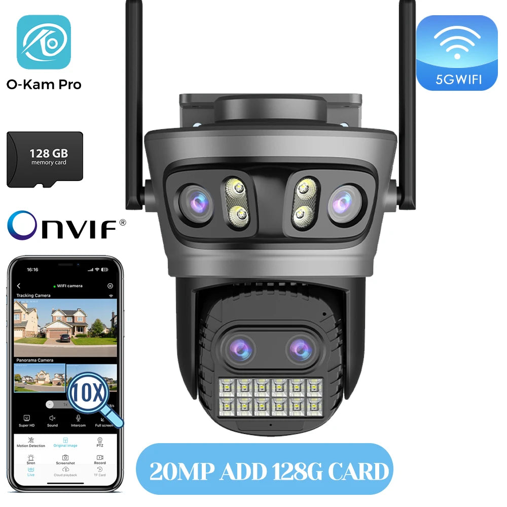 20MP Outdoors Wifi Camera 10K HD Three Lens Security 5G PTZ IP Camera