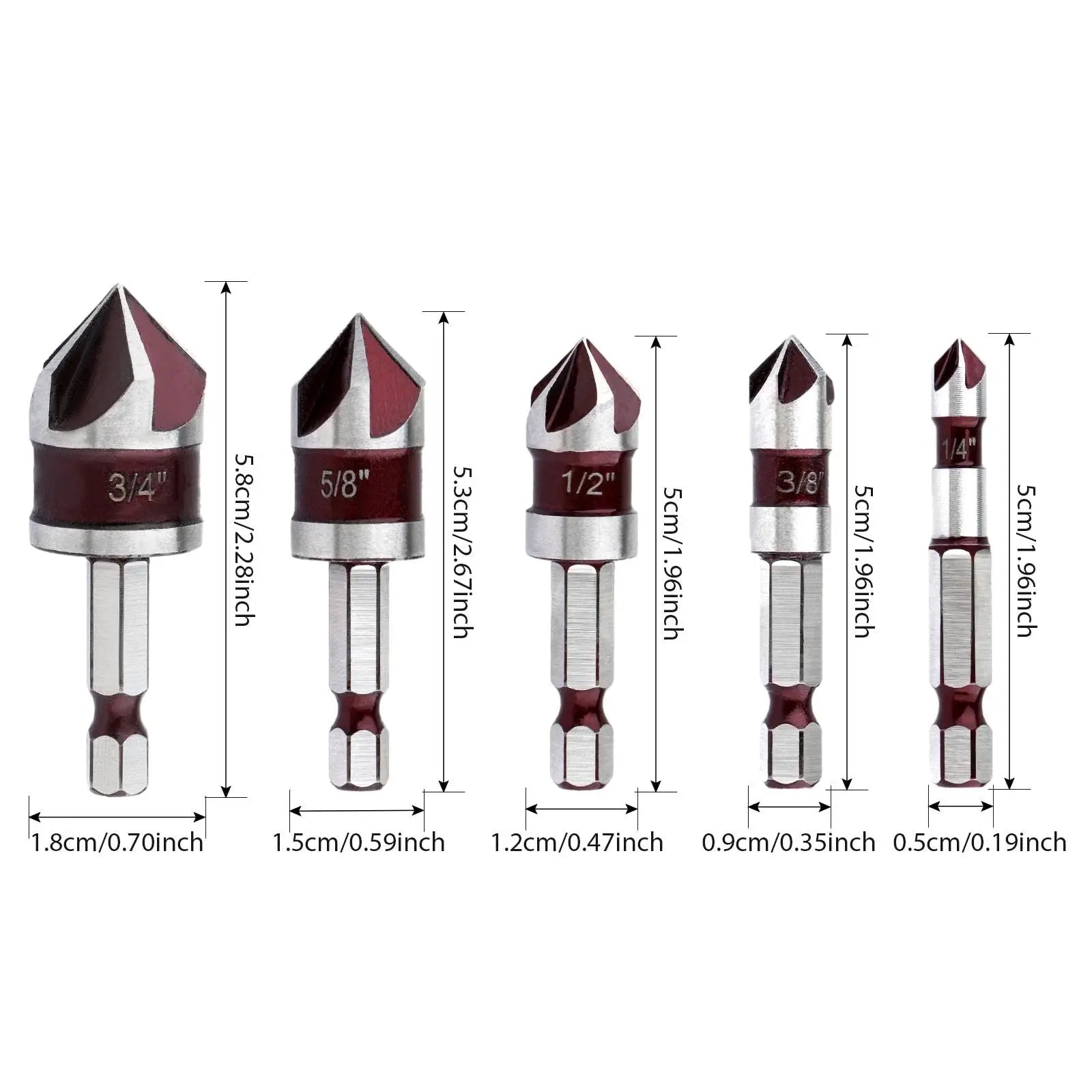 5pcs M35 Cobalt Countersink Drill Bit Set 5 Flute 82° 1/4" Hex Shank