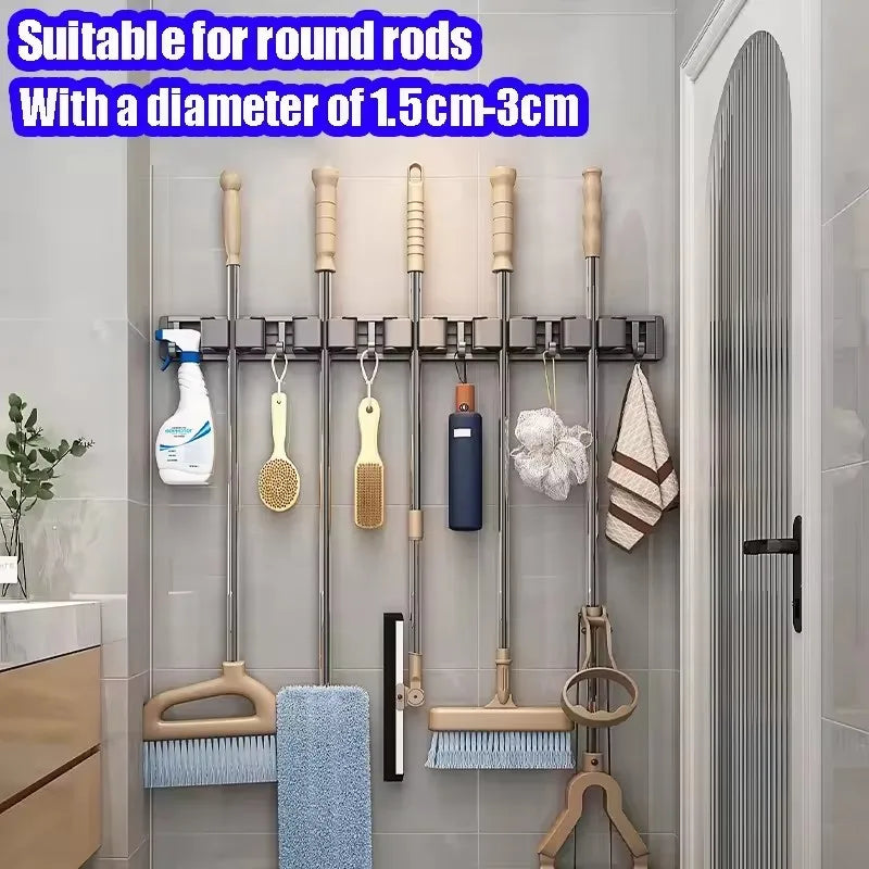 Wall Mounted Mop And Broom Organizer Rack with 5 Hooks Strong Mop