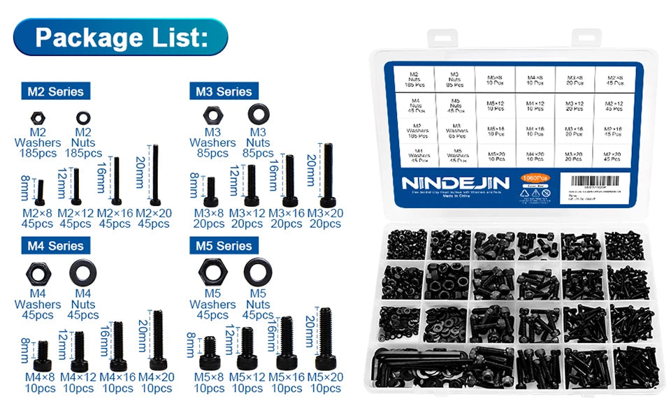 1060pcs M2 M3 M4 M5 Hex Socket Screw Set Carbon Steel Flat Round Cap