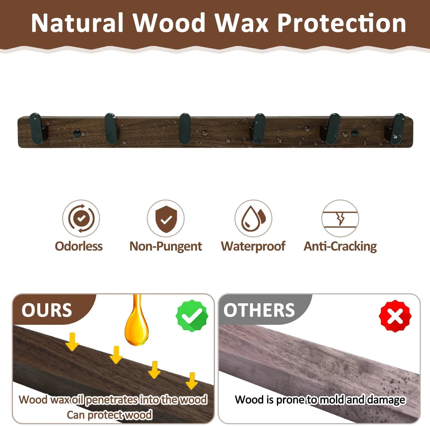 Wood Wall Mounted Coat Rack With 4/5/6 Hooks Drilling Rail Hooks