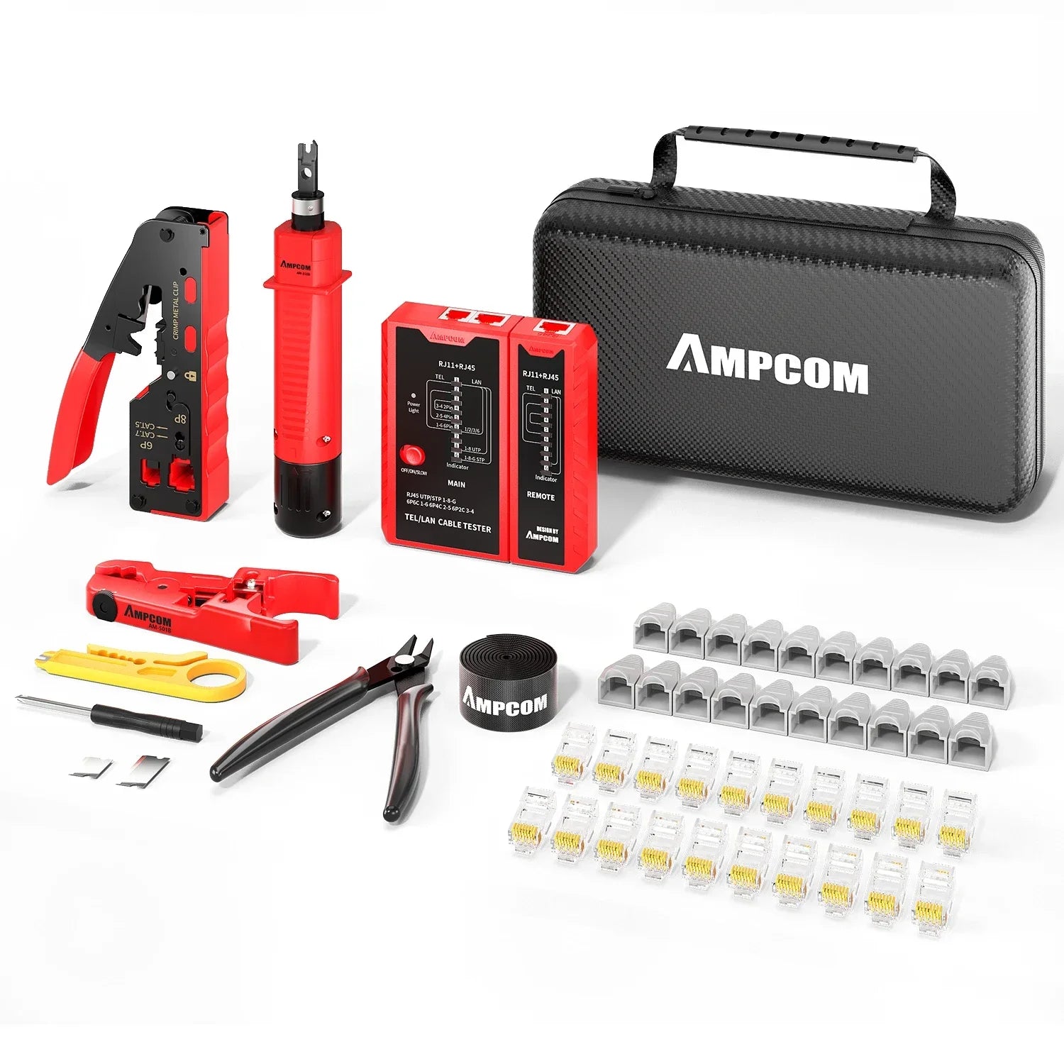 AMPCOM RJ45 Pass-Through Crimping Kit – Crimper, Punch-Down & Tester