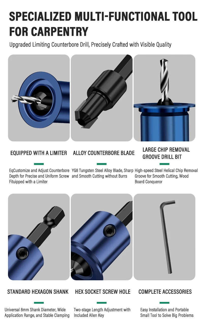 Hexagonal Handle Woodworking Countersunk Drill Bit 2-in-1 Adjustable