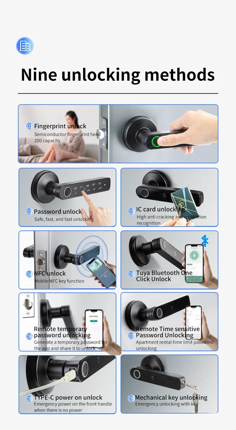 Tuya App Bluetooth Smart Fingerprint Door Lock Password Mechanical