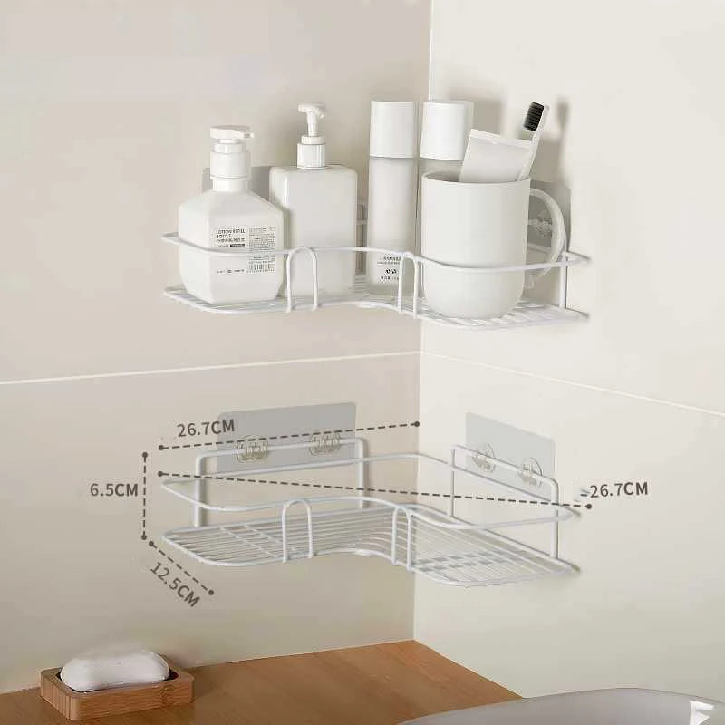 No Drill Double Bathroom Shelf with 4 Seamless Hooks