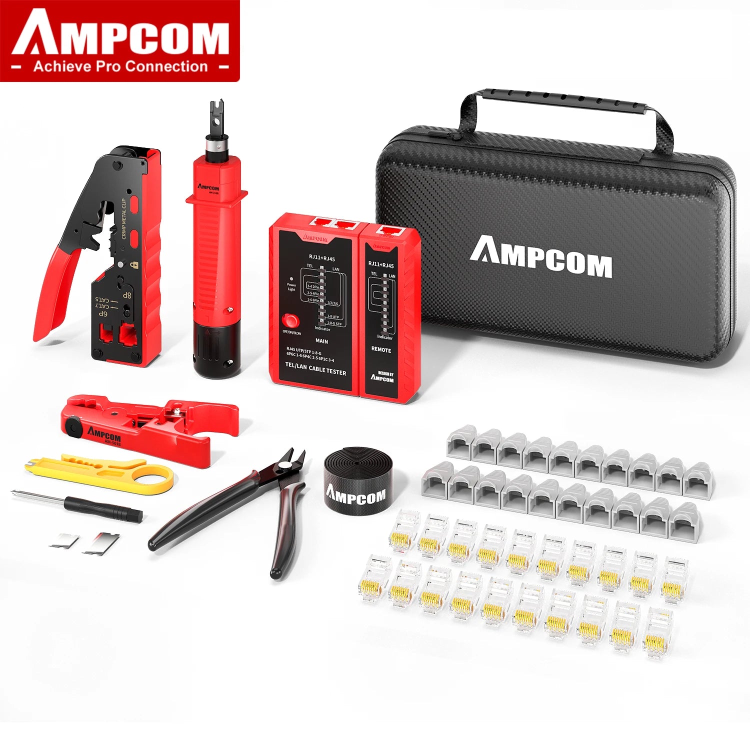 AMPCOM RJ45 Pass-Through Crimping Kit – Crimper, Punch-Down & Tester
