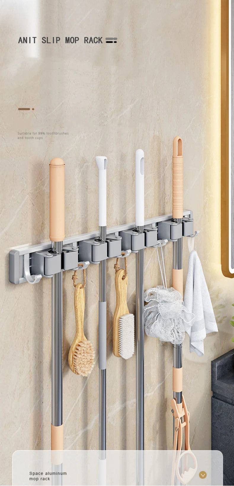 Wall Mounted Mop And Broom Organizer Rack with 5 Hooks Strong Mop