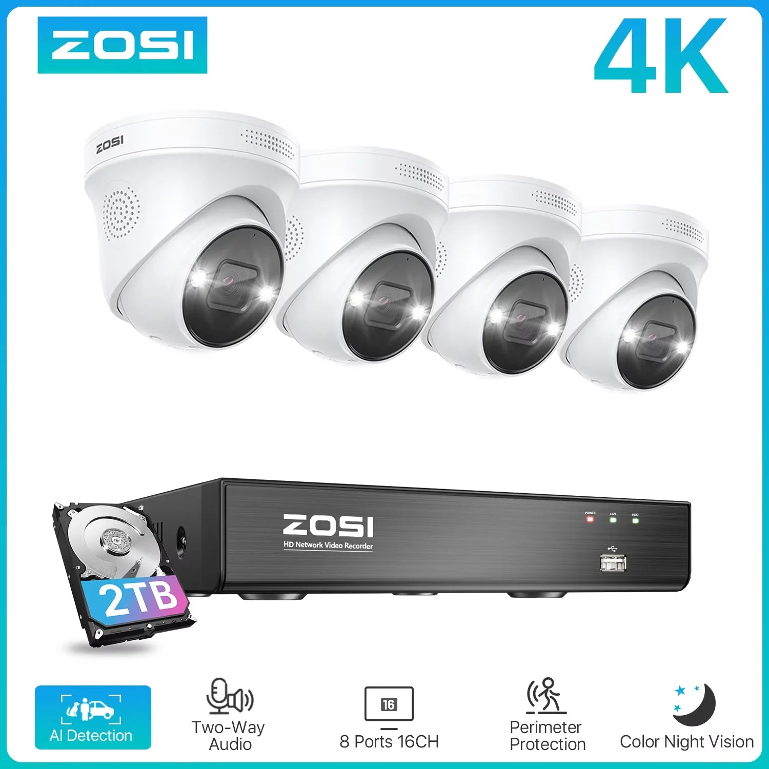 ZOSI 4K 8MP 5MP POE Video Surveillance Kit 8CH H.265 Home CCTV NVR