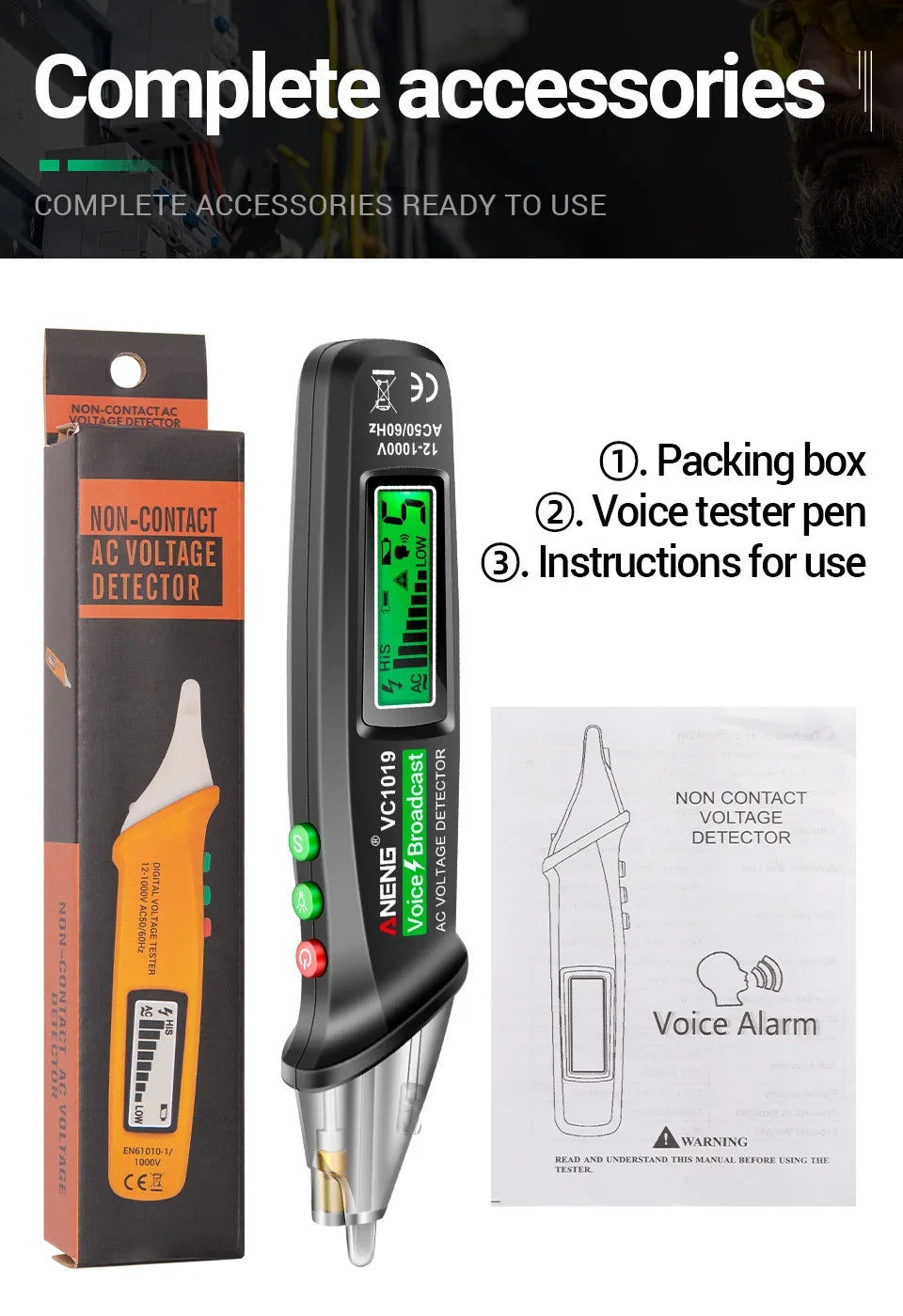 ANENG VC1019 Non-Contact Voltage Tester Pen Voice Broadcast Red Laser