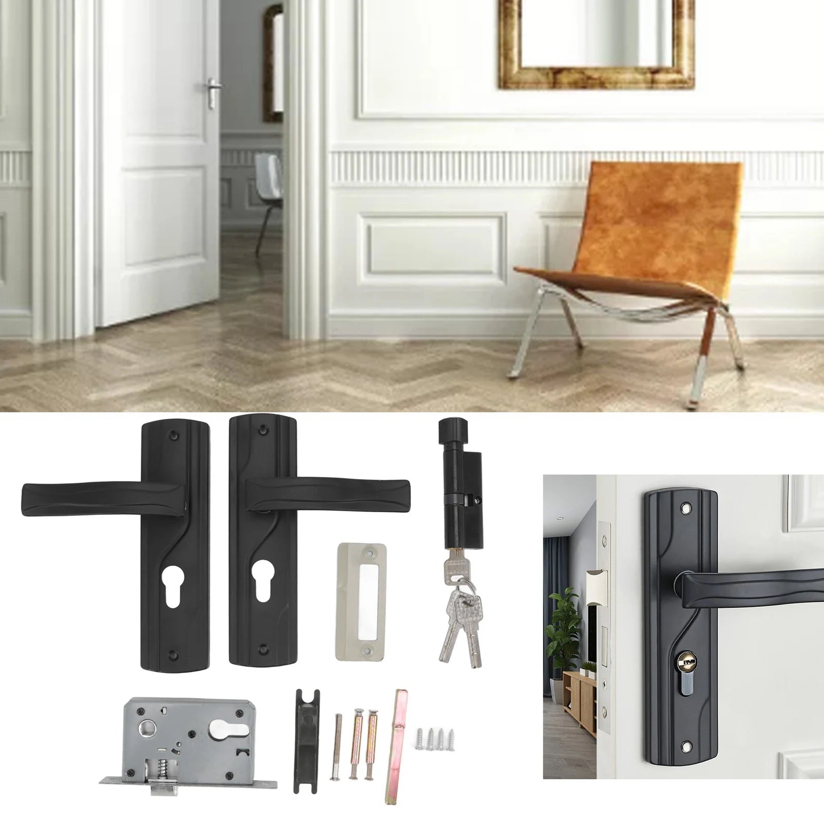 Door Handle Lock Keys Set Black Bedroom Door Lock Set Thickened