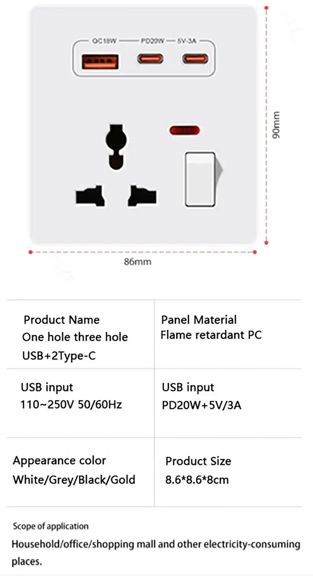 20W Fast Charging Universal Wall Socket With USB And Dual Typec