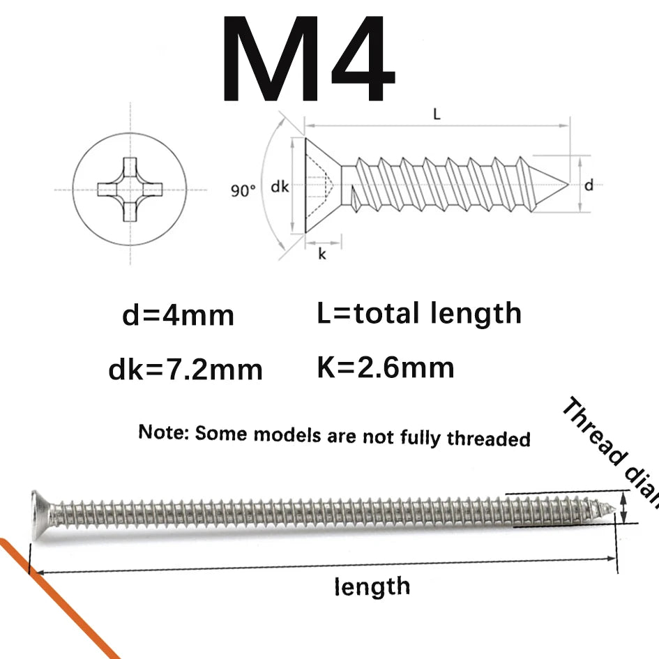 M4 M5 304 Stainless Steel Flat Head Extended Self Tapping Screw