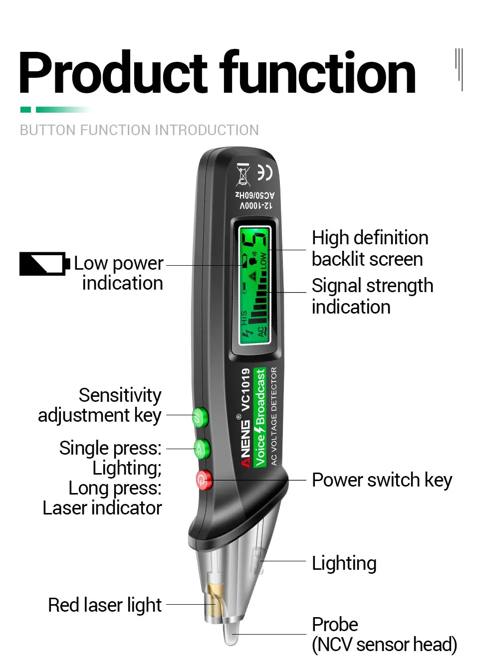 ANENG VC1019 Non-Contact Voltage Tester Pen Voice Broadcast Red Laser