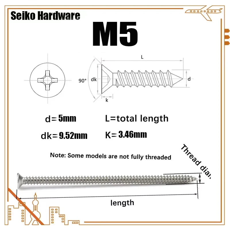 M5 lengthening Flat Head Tapping Long Wood Screw Stainless steel