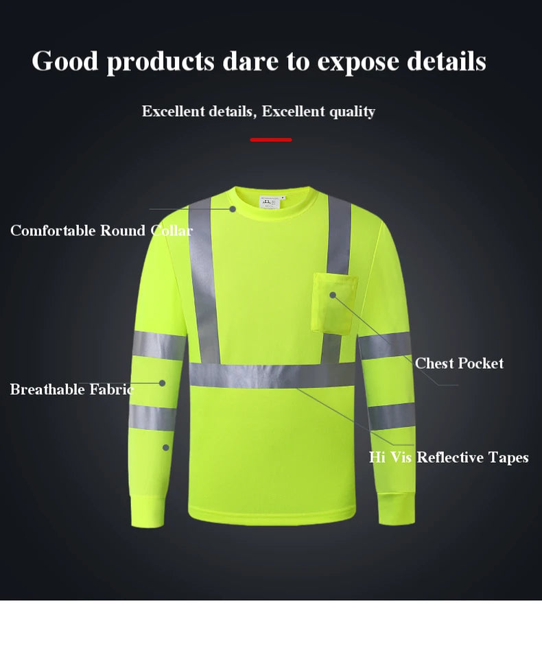 Long Sleeve Safety Shirt High Visibility Reflective Construction Work