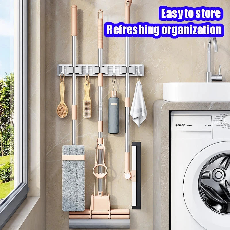 Wall Mounted Mop And Broom Organizer Rack with 5 Hooks Strong Mop