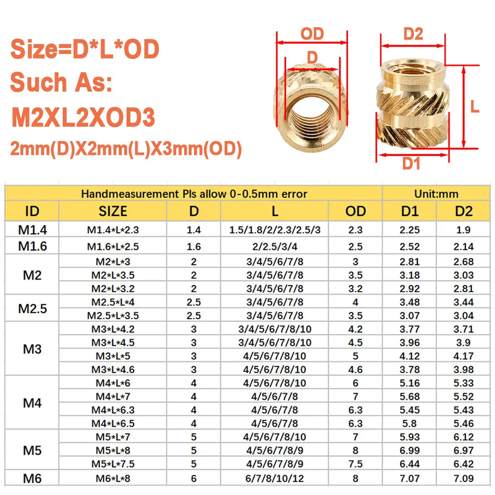 100-300Pcs M2 M2.5 M3 M4 M5 M6 M8 Heat Set Threaded Insert Brass Nut