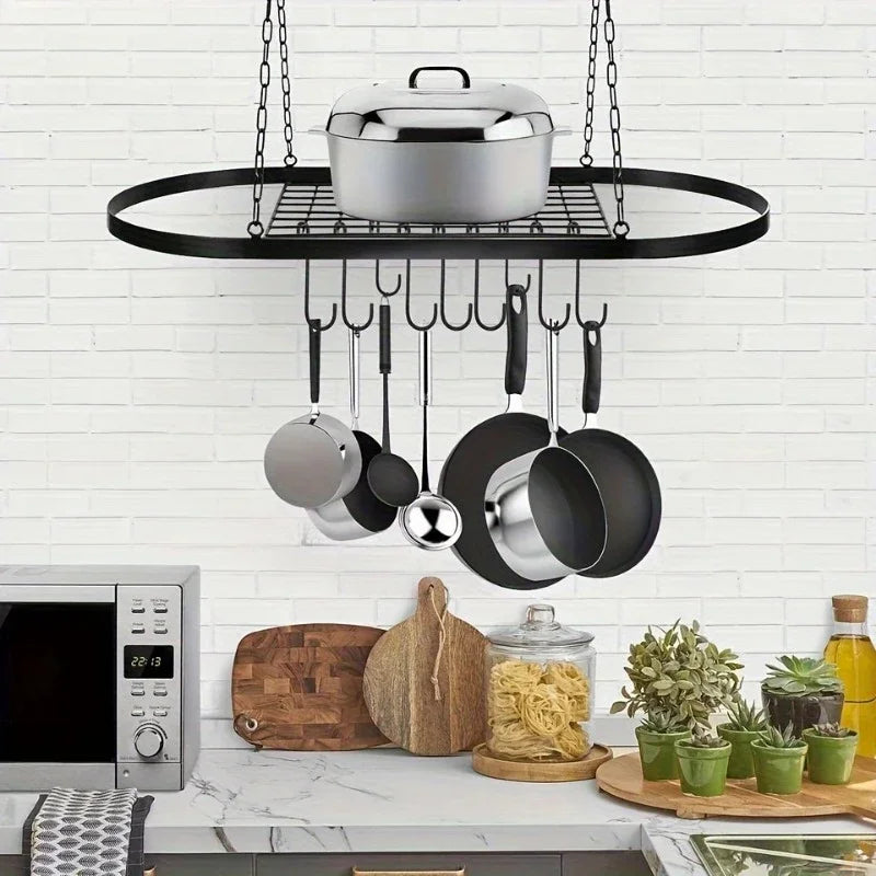 Oval Iron Wall-Mounted Kitchen Rack – Pot, Utensil & Seasoning Storage