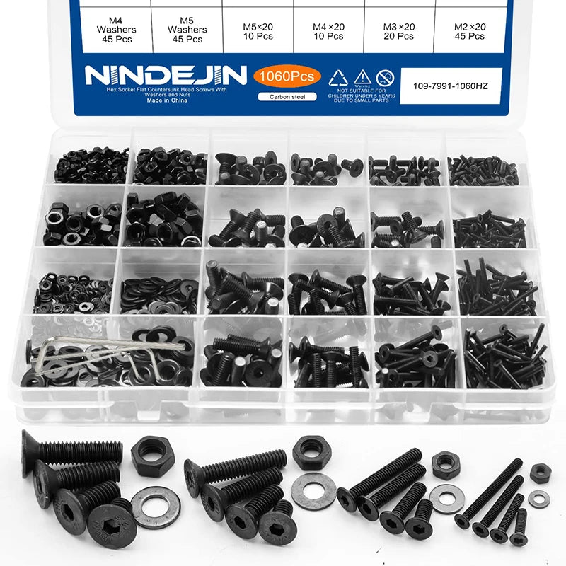 1060pcs M2 M3 M4 M5 Hex Socket Screw Set Carbon Steel Flat Round Cap