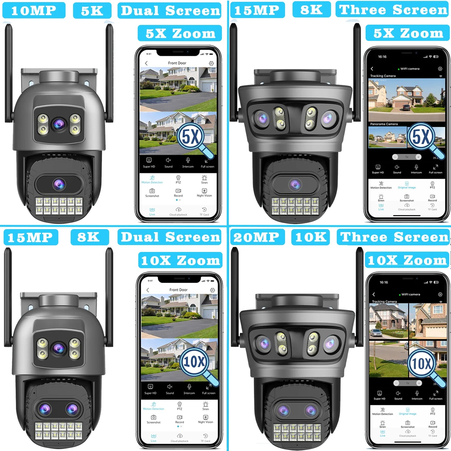 20MP Outdoors Wifi Camera 10K HD Three Lens Security 5G PTZ IP Camera