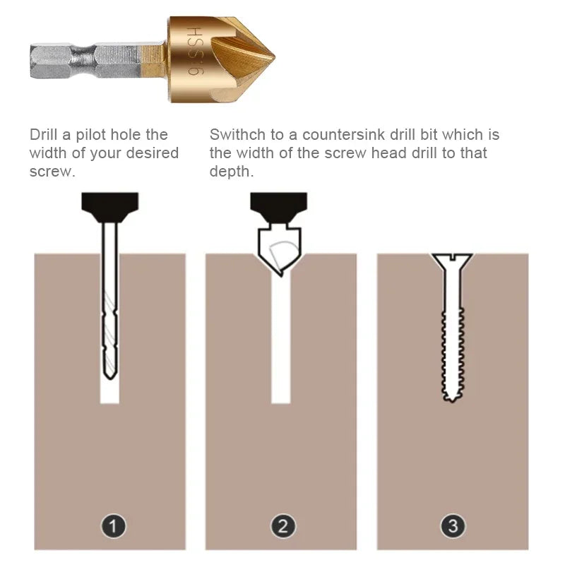 6pcs 1/4'' Countersink Drill Bit Set Hex Shank HSS 5 Flute