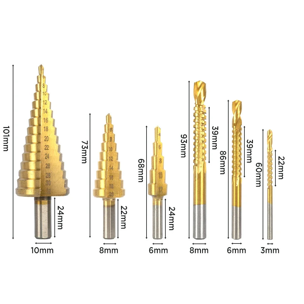 Premium 6pcs Titanium Step Drill Bit Set 4-12 4-20 4-32mm 3-8 mm for