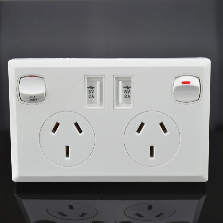 Australian Standard Usb Wall Dual Socket with 2gang Switch
