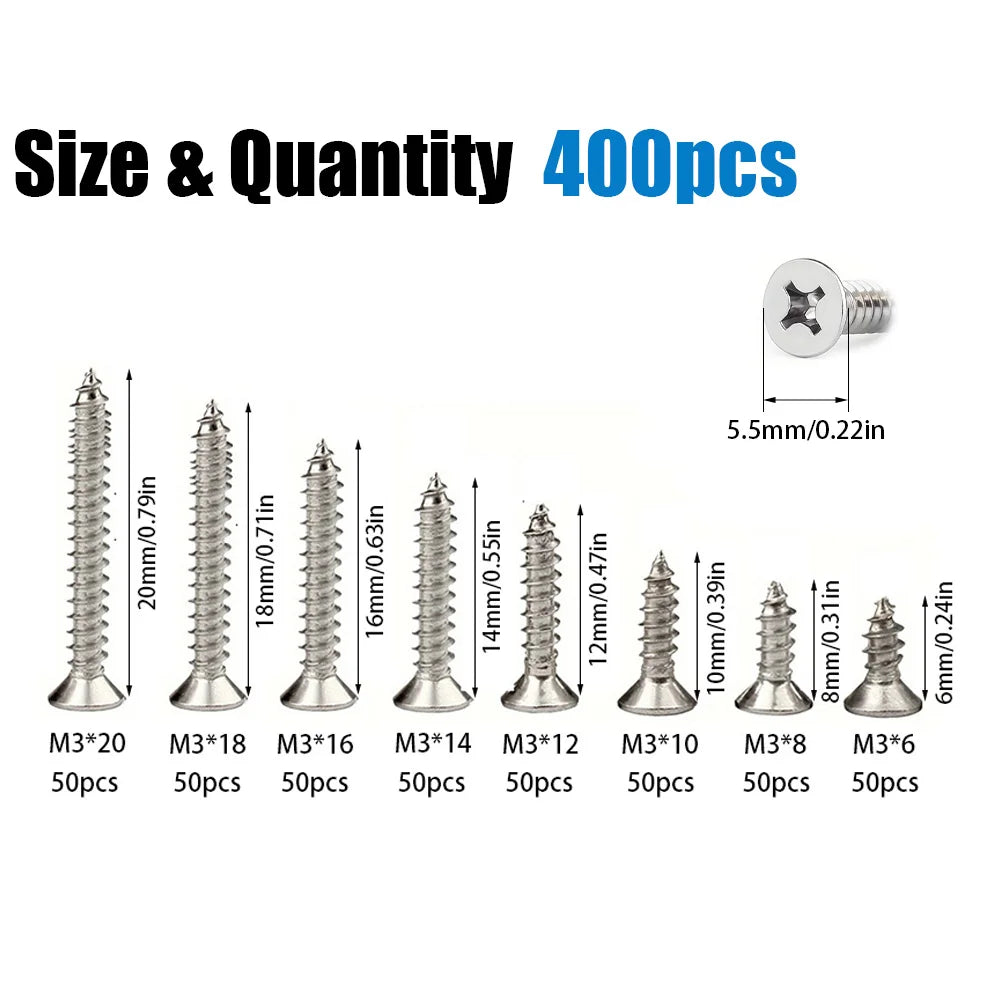 400-piece M3 stainless steel self-tapping screw set, 6mm, 8mm, 10mm