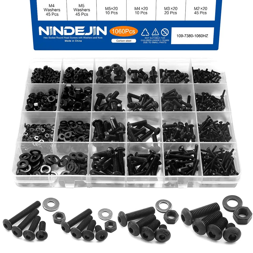 1060pcs M2 M3 M4 M5 Hex Socket Screw Set Carbon Steel Flat Round Cap
