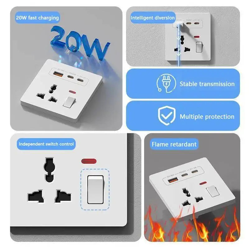 20W Fast Charging Universal Wall Socket With USB And Dual Typec