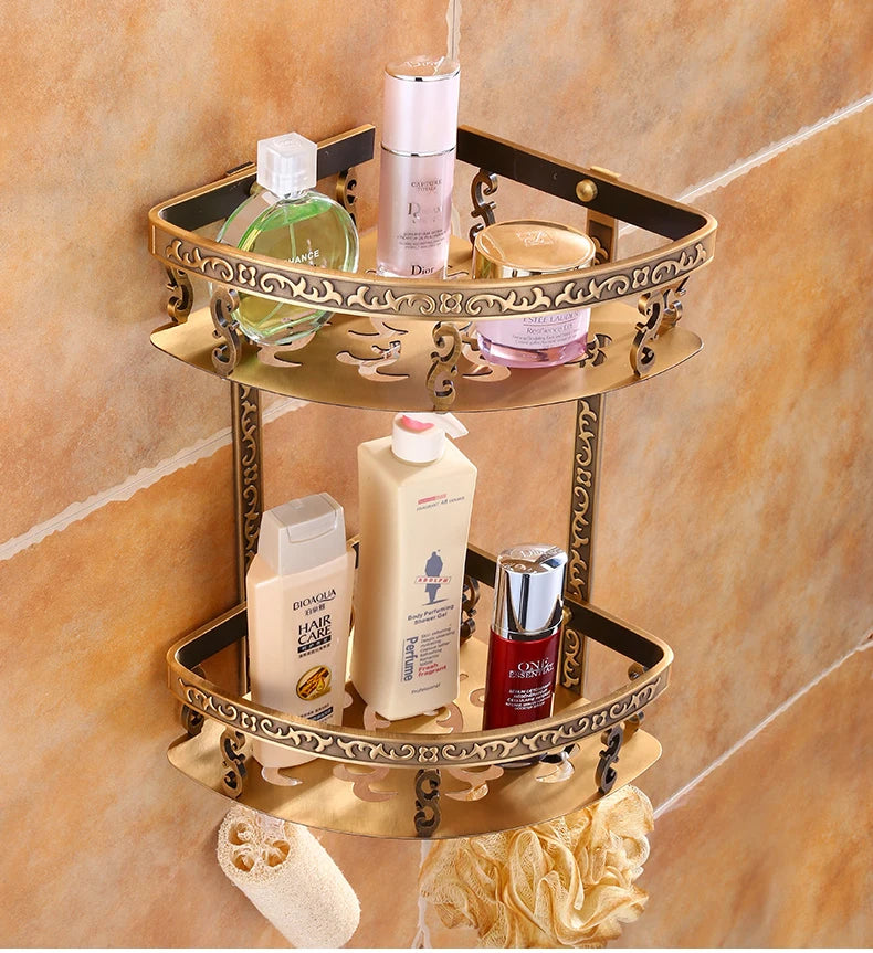 Antique Brass Aluminum Foldable Corner Rack Shelves Toilet Storage