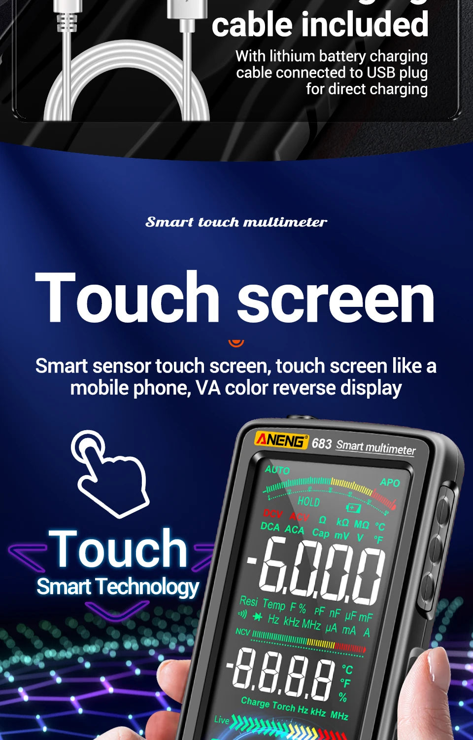 ANENG 683 Smart Multimeter Rechargeable High-end Touch 6000 Counts