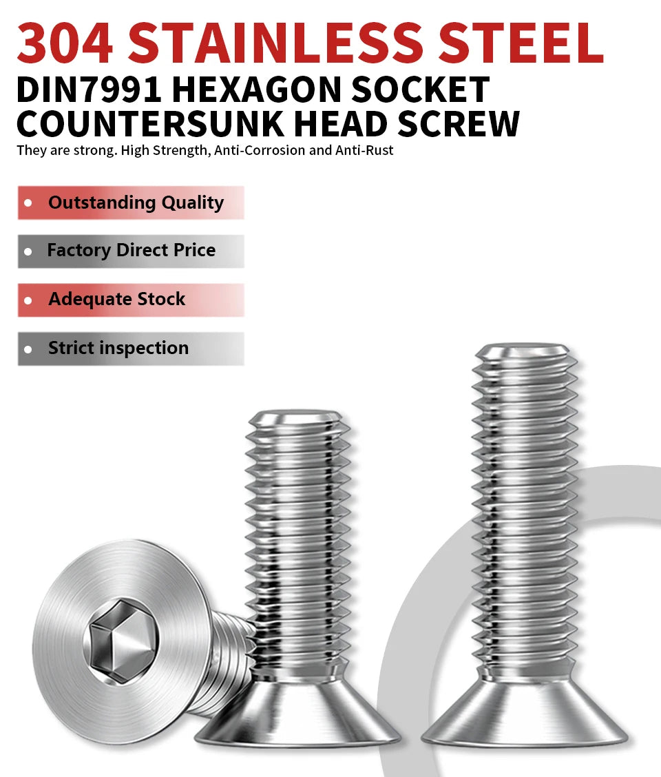 304 Stainless Steel Hexagon Socket Countersunk Head Screw DIN7991 M3