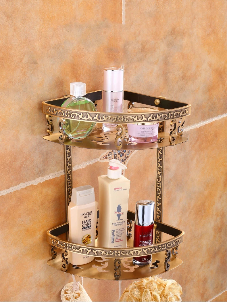 Antique Brass Aluminum Foldable Corner Rack Shelves Toilet Storage