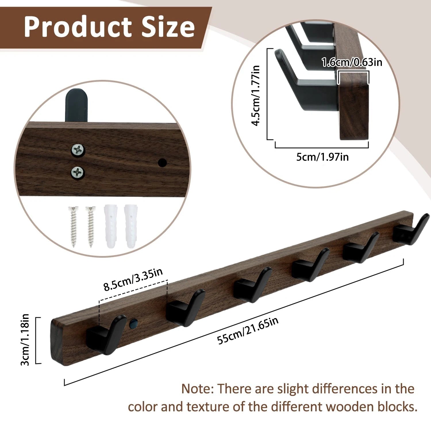Wood Wall Mounted Coat Rack With 4/5/6 Hooks Drilling Rail Hooks