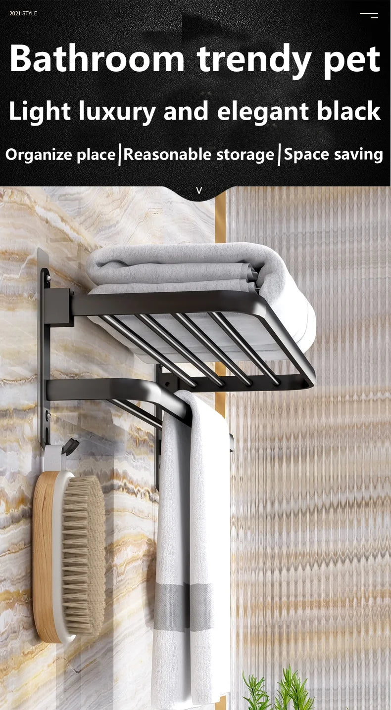 Matte Black 50CM Folding Holder With Hook Towel Holder Wall Mount