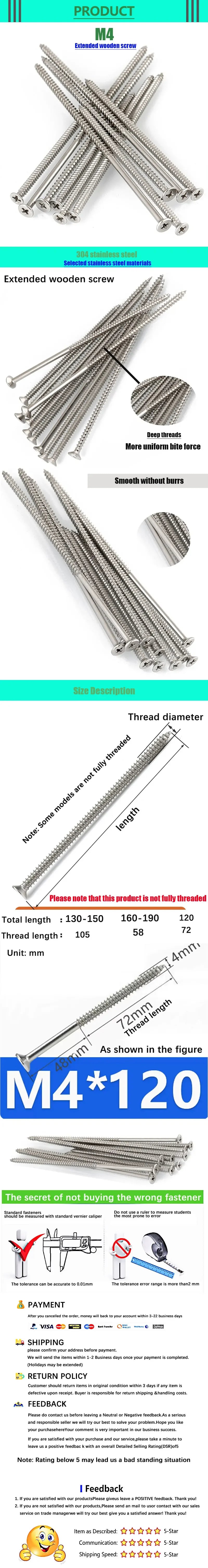 5PCS M4 lengthening Flat Head Tapping Long Wood Screw Stainless steel