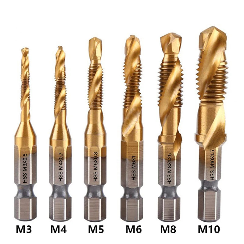1/6Pcs Tap Drill Bit Set Hex Shank Titanium Plated HSS Screw Thread