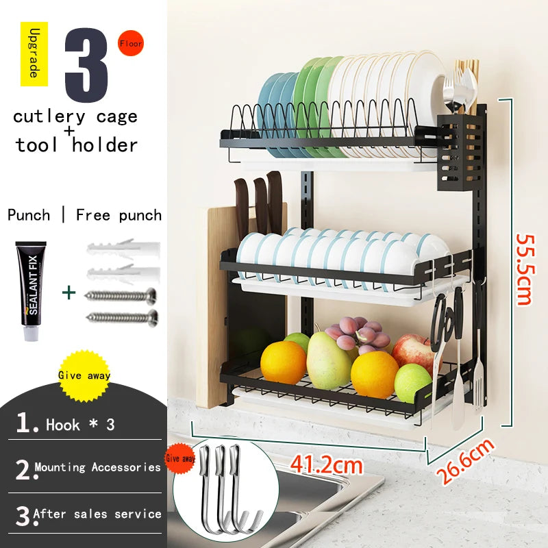 Wall-Mounted 3-Layer Stainless Steel Dish Drying Rack – Black