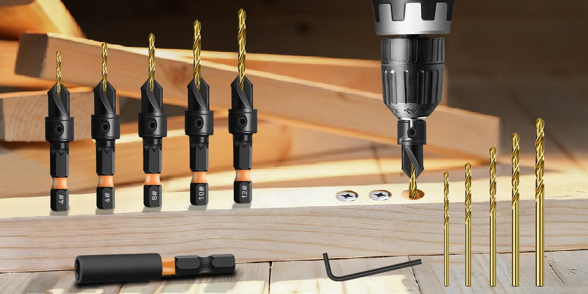 12PCS Countersink Drill Bit Set - #4-#12 Adjustable Wood Boring Bits