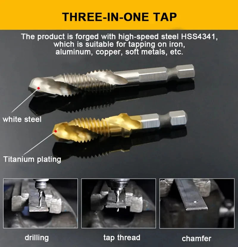 1/6Pcs Tap Drill Bit Set Hex Shank Titanium Plated HSS Screw Thread