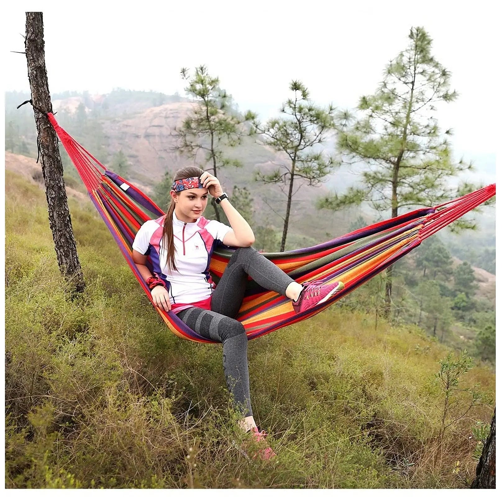 Double Hammock 2-Person Cotton Canvas with Tree Straps – Red/Blue