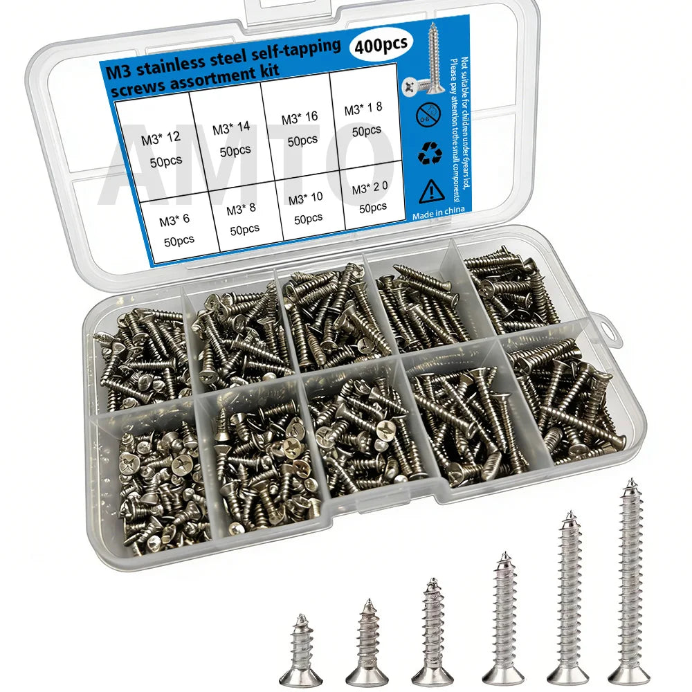 400-piece M3 stainless steel self-tapping screw set, 6mm, 8mm, 10mm
