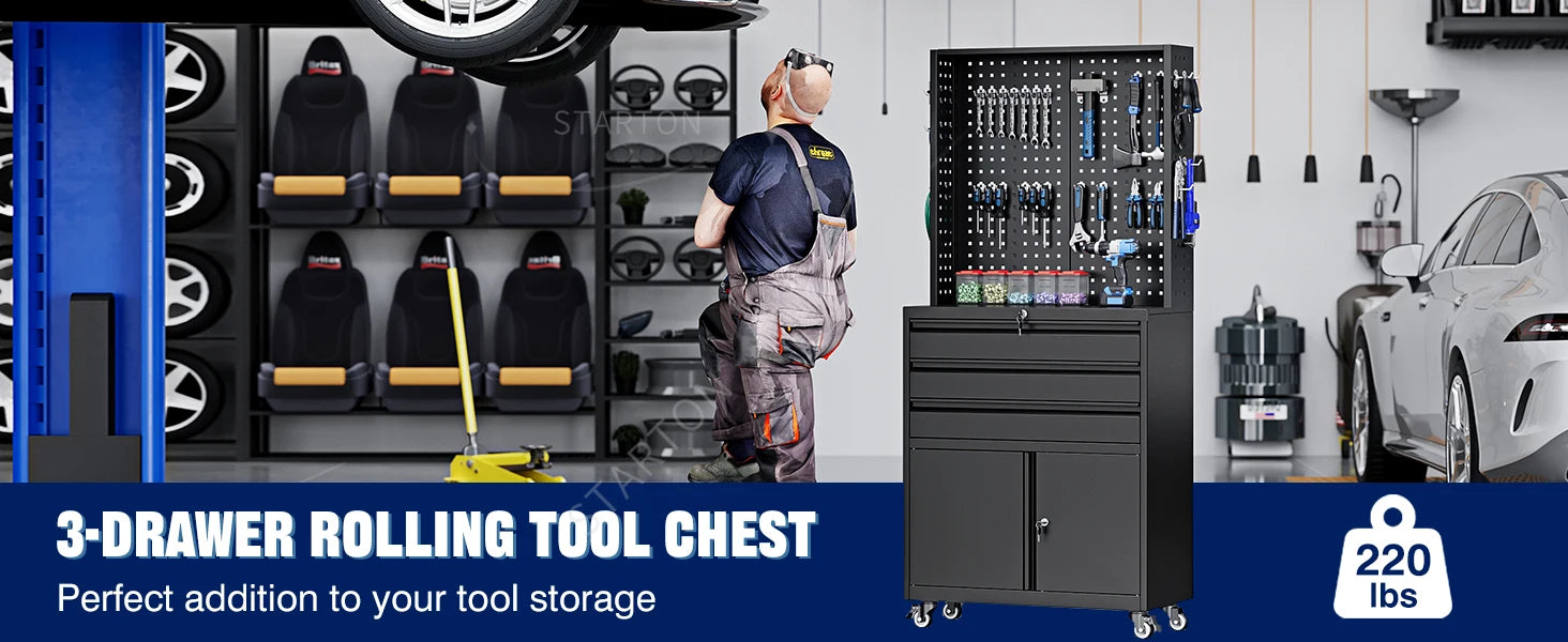 71" Rolling Steel Garage Cabinet – 3 Drawers, 2 Doors & Adjustable